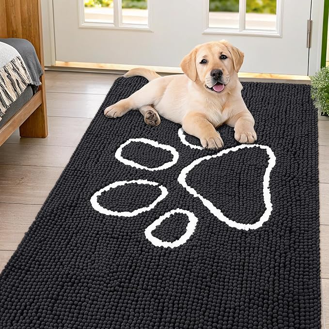 Smiry Dog Door Mat for Muddy Paws, Absorbent Dirt Trapper Non Slip Quick Dry Washable Chenille Mat for Mud Dogs, Entry Rug for Indoor and Outdoor (54x32 Inches, Black and White)