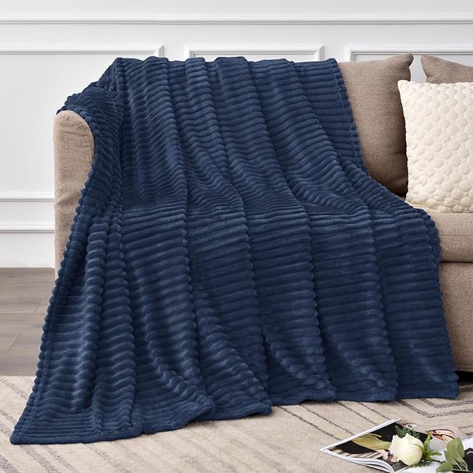 BEDELITE Fleece Throw Blanket for Couch – 3D Ribbed Jacquard Soft and Warm Decorative Fuzzy Blanket – Cozy, Fluffy, Plush Lightweight Navy Blue Throw Blankets for Bed, Sofa, 50x60 inches
