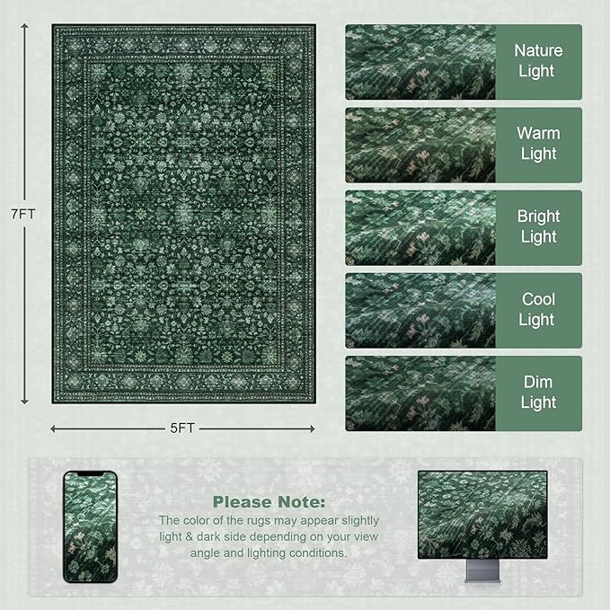 5x7 Area Rugs Living Room Rug: Washable Vintage Distressed Floral Rug No Slip Stain Resistant Soft Carpet Indoor Large Carpets for Bedroom Dining Room Farmhouse Nursery Hallway Home Office Deep Green
