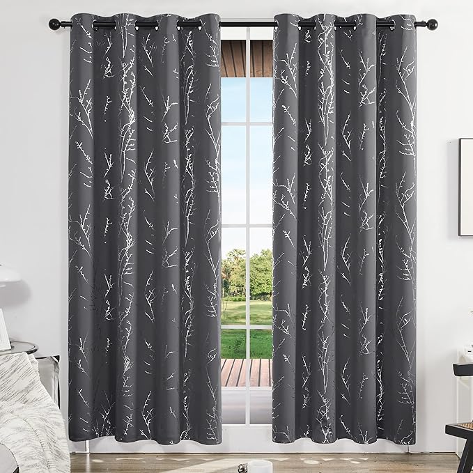Deconovo Grey Blackout Curtains, Thermal Insulated Soundproof Drapes, Silver Branch Foil Print, 52 x 84 Inch, 2 Panels, Machine‑Washable Privacy Window Panel for Living Room Bedroom Nursery Office