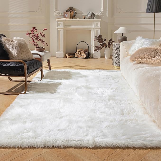 Ashler faux fur rug, Fluffy Shaggy Area Rug Ultra Soft 3 x 5 Feet Rectangle Fur Rug White Fuzzy Rug Machine Washable Shag Rug, Nursery Decor Throw Rugs for Bedroom, kids room, Living Room