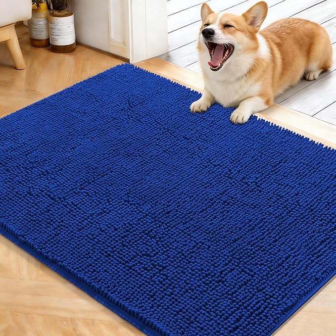 OLANLY Dog Door Mat for Muddy Paws 40x32, Absorbs Moisture and Dirt, Absorbent Non-Slip Washable Doormat, Quick Dry Chenille Mud Mat for Dogs, Entry Indoor Entryway Carpet for Inside Floor, Royal Blue
