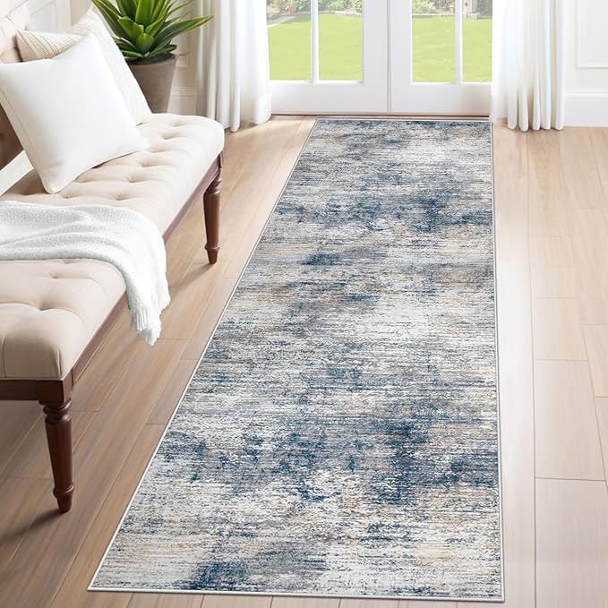 XLUEZ 2x8 Runner Rug for Hallway, Washable Modern Abstract Runner Rugs Neutral Soft Non Slip Kids Rug Stain Resistant Indoor Runners for Entryway Bedroom Kitchen Laundry Room(BlueWhite, 2'x8')