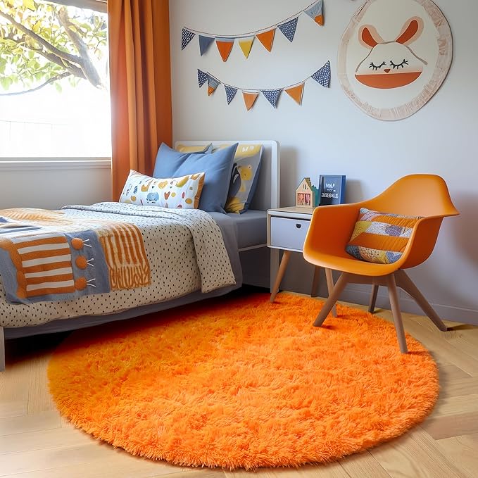 Amdrebio Orange Round Circle Rug 4Ft for Bedroom Living Room, Fluffy Fuzzy Area Rugs for Kids Room Decor Aesthetic, Cute Furry Plush Shag Carpet for Toddler Teen Girls Boys Baby Nursery Dorm Playroom
