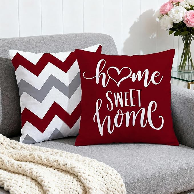 Hexagram Geometric Burgundy Pillow Covers 18x18 Set of 4, Decorative Outdoor Boho Modern Throw Pillow Covers, Home Sweet Home Farmhouse Cushion Case for Couch Sofa Bedroom Indoor Decor(No Insert)