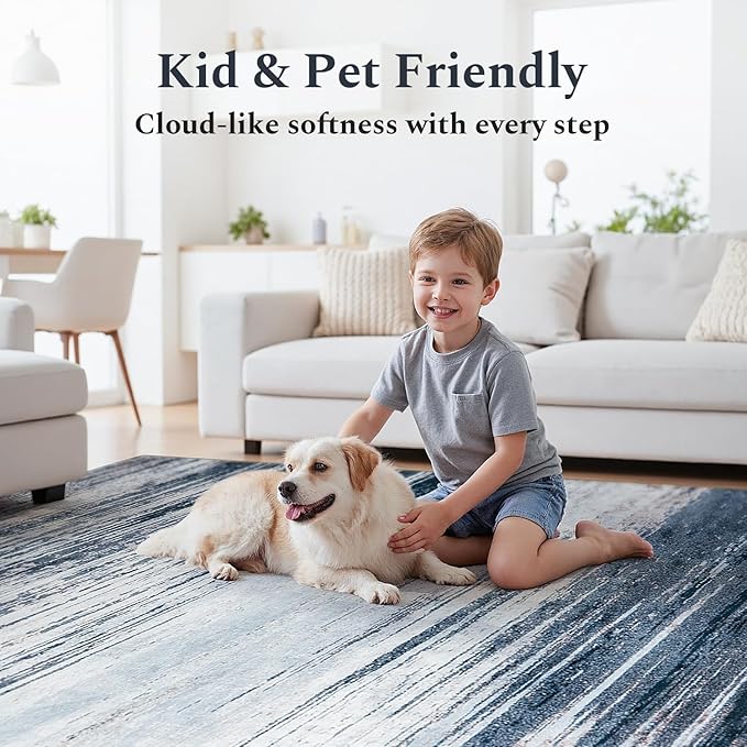 Rugflix 9x12 Large Area Rug, Washable Rug for Living Room, Non Slip, Soft Low Pile, Modern Abstract Blue Grey Indoor Carpet for Bedroom, Dining Room, Home Office, Large Room
