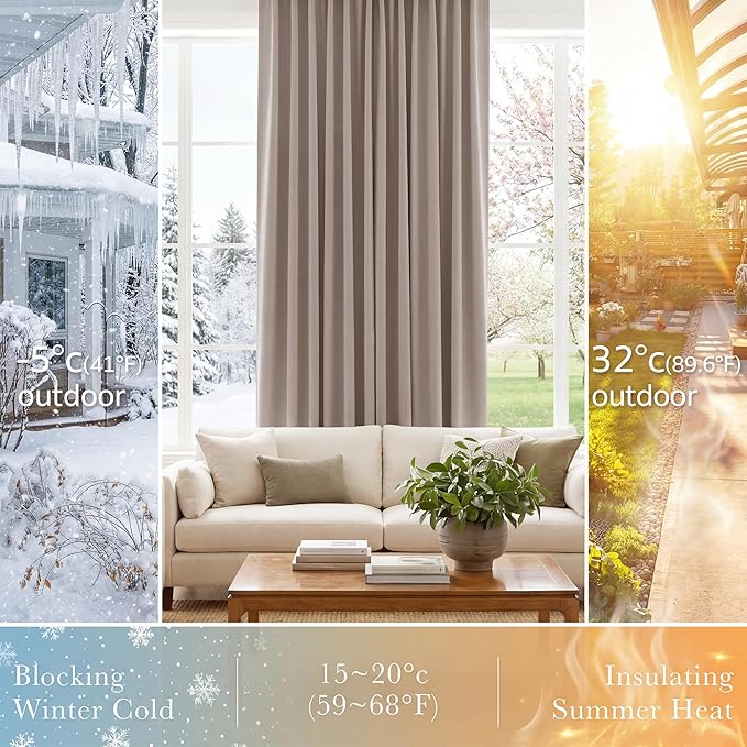 PONY DANCE Blackout Window Curtains - Back Tab Window Treatments Curtain Panels/Draperies Room Darkening Noise Reducing Home Fashion, Wide 42 x Long 45 inches, Light Taupe, One Pair