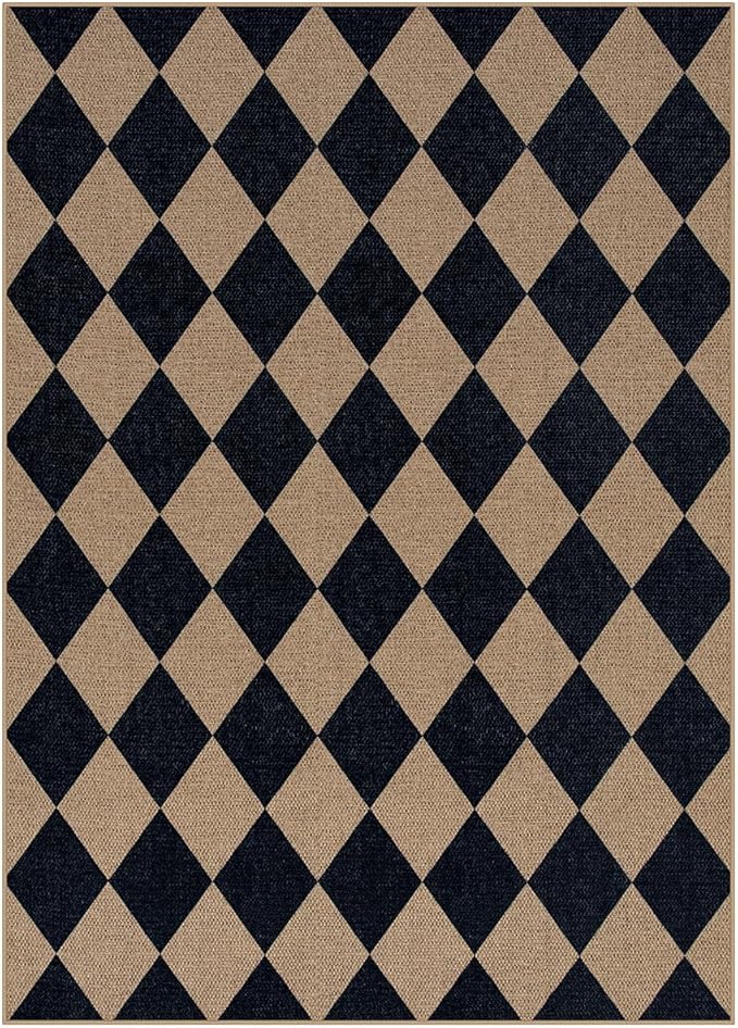 Lahome Colette Checkered Easy Jute Outdoor Rug, 5x7 Area Rugs for Living Room Nature Large Dining Room Carpet, Farmhouse Outdoor Patio Non Slip Diamond Carpet for Home Office Bedroom Backyard Deck
