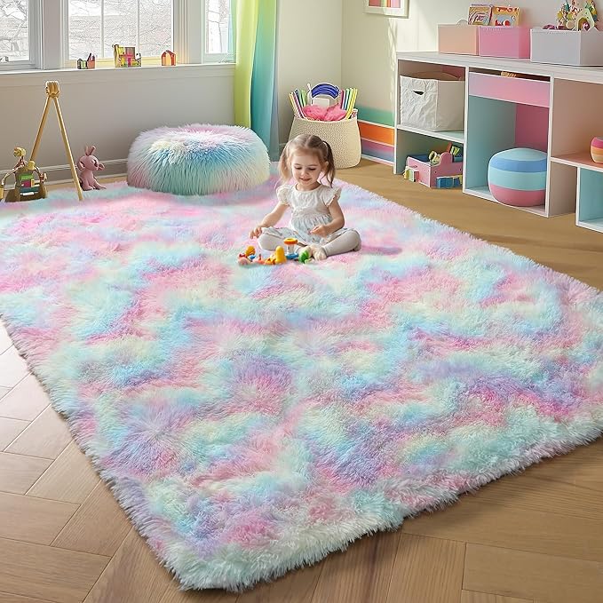 ONASAR Rainbow Area Rugs for Girls Bedroom, 4x6 Fluffy Bedside Colorful Rug, Cute Soft Plush Shaggy Princess Fuzzy Indoor Floor Carpet for Nursery Kids Baby Teen Dorm Playroom Home Decor Aesthetic