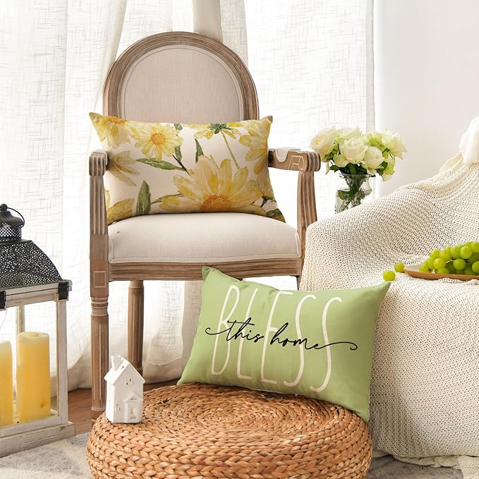 AVOIN colorlife Home Sweet Home Spring Summer Flowers Green Throw Pillow Covers, 12 x 20 Inch Cushion Case for Sofa Couch Set of 4