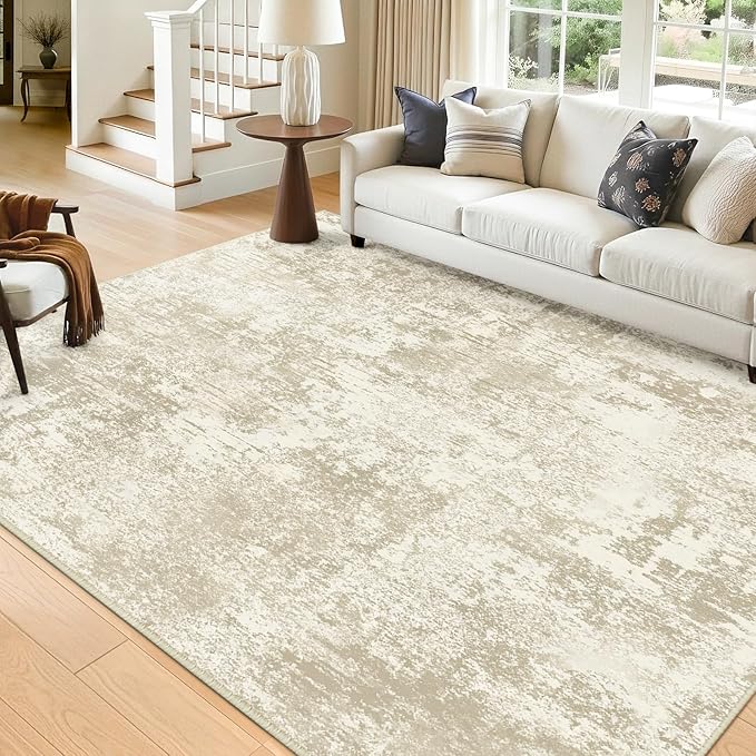 Washable Area Rugs 8'x10' Non-Slip Modern Abstract Soft for Living Room Entryway Bedroom Nursery, Print Pattern, Beige Cream Brown