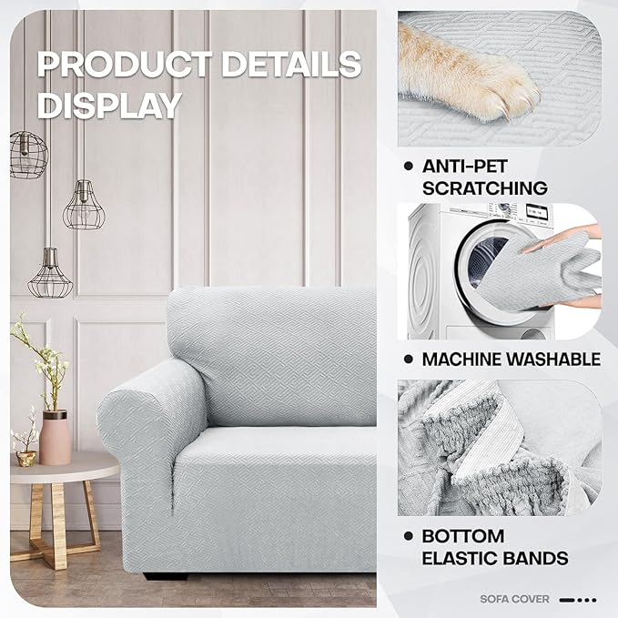 ZNSAYOTX 1 Piece Jacquard Chair Slipcovers for Living Room High Stretch Chair Covers with Arms Anti Slip Pets Friendly Couch Sofa Armchair Cover Furniture Protector (Small, New Pattern Silver Grey)