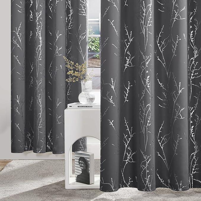 Deconovo Blackout Curtains Grey, Thermal Insulated Soundproof Drapes, Silver Branch Foil Print, 42 x 54 Inch, 2 Panels, Machine‑Washable Privacy Window Panel for Living Room Bedroom Small Windows