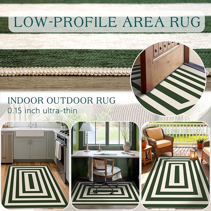 3x5 Modern Entry Rug - Small Washable Indoor Outdoor Mats for Front Door Non-Slip Porch Rug Green White Geometric Striped Throw Rugs for Living Room Bedroom Entryway Kitchen Office Porch Decor