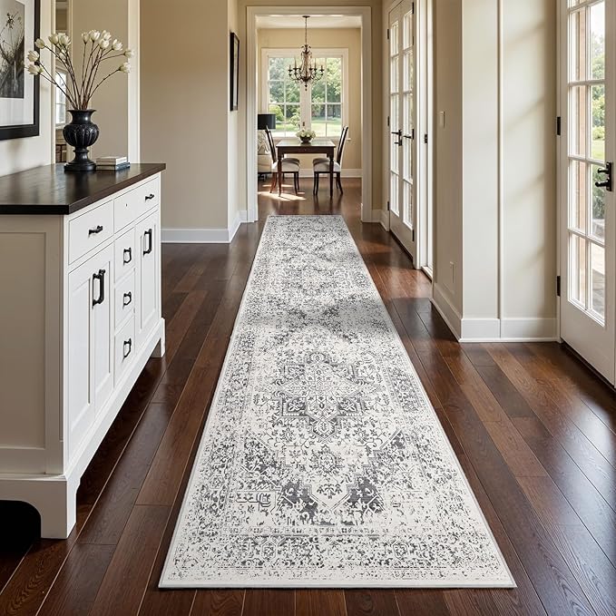 3x14 Washable Hallway Runner Rug - Non Slip Kitchen Runner Rugs with Rubber Backing Vintage Low-Pile Carpet Runners for Entryway Dining Room Laundry Room Home Decor (Distessed Grey)
