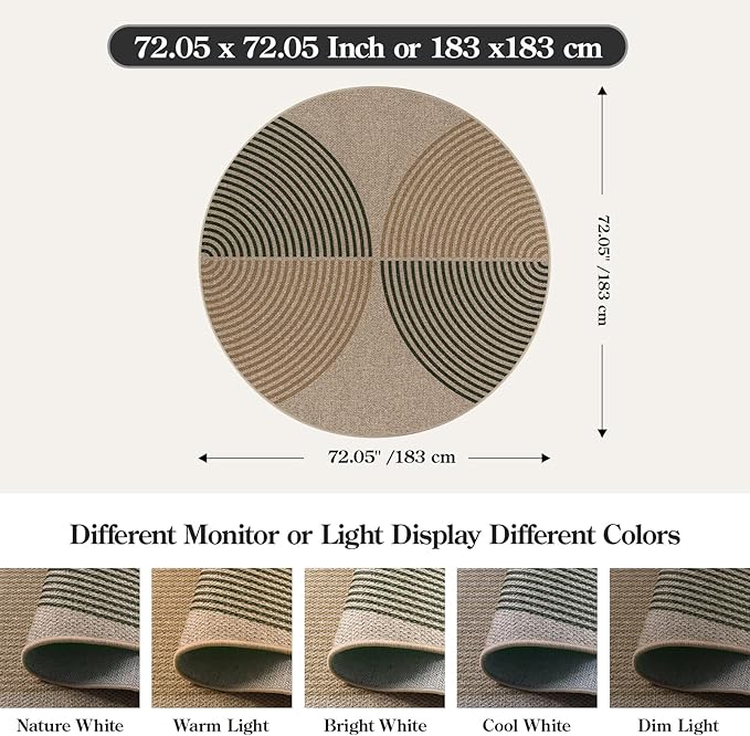 Lahome Enfys Modern Rainbow Round Rug, 6ft Easy Jute Circle Patio Rug Washable Indoor Outdoor Rugs for Living Room, Farmhouse Natural Round Area Rug Contemporary Carpet for Entryway Backyard