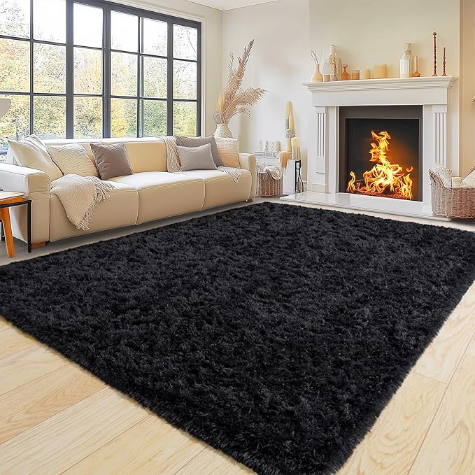 Pionblank Super Fluffy Area Rug for Living Room 5x7 Feet, Modern Indoor Shaggy Carpet, Soft Plush Non Slip Rugs for Bedroom Kids Room Cloakroom Home Decor, Black