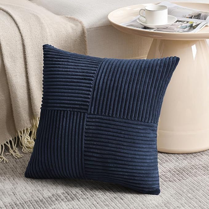Fancy Homi 2 Packs Navy Blue Euro Decorative Throw Pillow Covers 28x28 Inch for Living Room Couch Bed, Farmhouse Boho Home Decor, Soft Corss Corduroy Patchwork Textured Square Cushion Case 71x71 cm