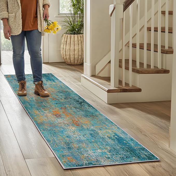 Washable Area Rugs 2'x6' Non-Slip Modern Abstract Soft for Living Room Entryway Bedroom Nursery, Print Pattern, Teal Blue Green Orange Rust Red Coloreful