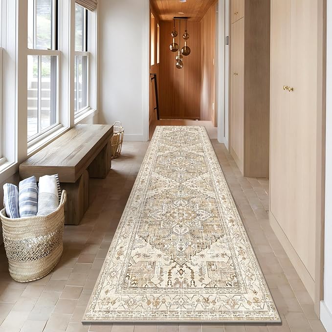 Yamaziot Washable Runner Rug, 3x10 Non-Slip Boho Vintage Hallway Rug with Rubber Backing, Low Pile Faux Wool Distressed Carpet Runner for Bedroom, Kitchen, Laundry, Entrance