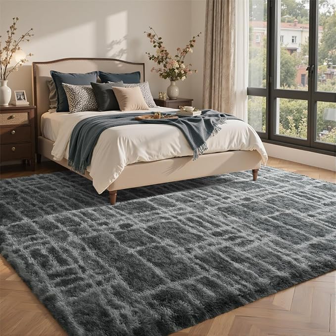 6x9 Ft Large Shag Rugs for Living Room Decor, Tie-Dyed Ultra Soft Fluffy Furry Area Rugs for Bedroom Indoor Floor, Aesthetic Carpet for Kids Home (Grey)