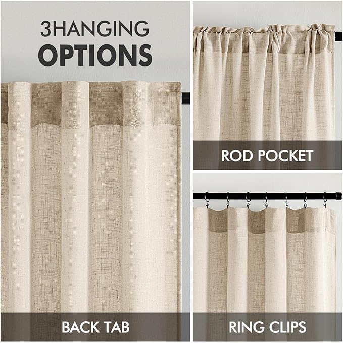 MIULEE Light Taupe Linen Curtains 96 Inches Long 2 Panels for Bedroom Living Room, Soft Linen Textured Window Drapes Semi Sheer Light Filtering Back Tab Rod Pocket Farmhouse Modern Burlap Look Decor