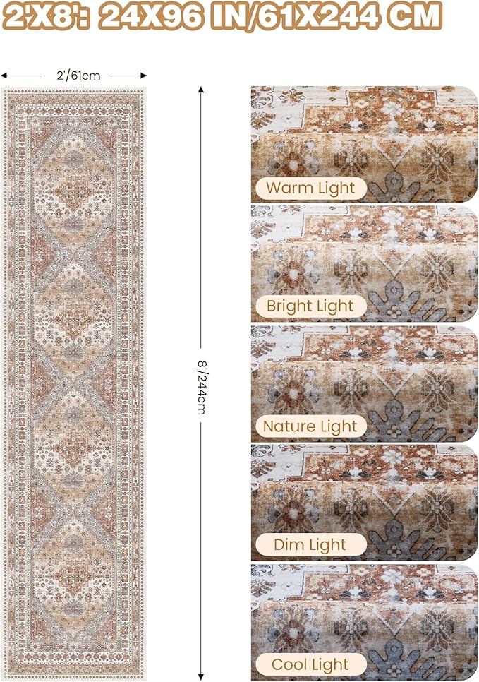 Runner Rug 2x8 Runners for Hallways Non Slip Washable, Vintage Hallway Runner Rugs for Living Room, Low Pile Soft Hallway Rug for Kitchen Bedroom Laundry Room Rug(Orange,2'x8')