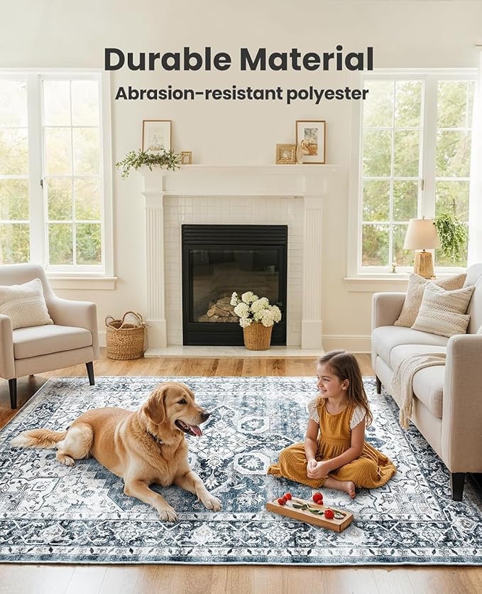 AMADA HOMEFURNISHING 6x9 Area Rugs, Blue Low-Profile Washable Rug with Non-Slip Backing & Durable Edge Binding, Vintage Rugs for Living Room, Bedroom, Dinning Room