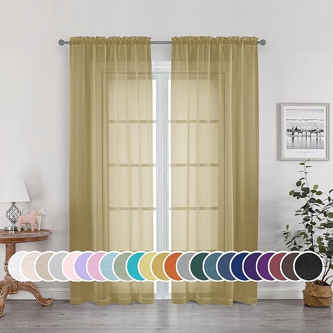 OWENIE Gold Sheer Curtains 72 Inches Long 2 Panels Set, Transparent Light Filtering Sheer Curtain Rod Pocket Clear Drapes for Living Room Bedroom Window Sliding Glass Door, Each 42 x 72 Inch, Gold