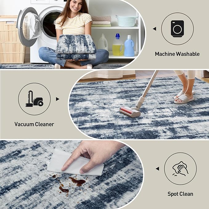 10x14 Area Rugs Washable Rug: Modern Abstract Living Room Rug Soft Anti-Skid Thin Carpet Indoor Floor Non-Shedding Carpets for Bedroom Dining Room Farmhouse Nursery Home Office Blue Grey