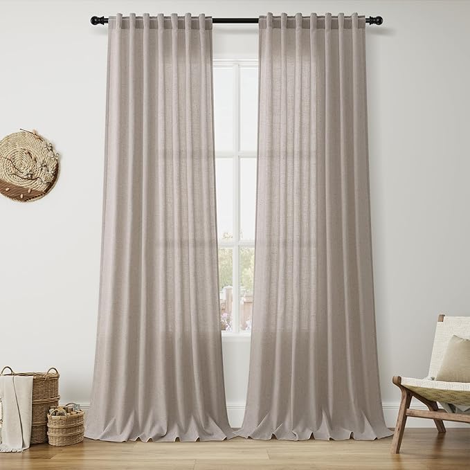 Nanspring Stone Beige Linen Curtains for Living Room 108 Inches Long Simple Modern Light Filtering Semi Sheer Curtain Back Tab Farmhouse Floor to Ceiling High Window for Bedroom 52x108, 2 Panels