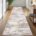 KOZYFLY Modern Abstract Washable Rug Runner 2.6x10 Hallway Rug Runner Non-Slip Soft Kitchen Runner Rugs, Multi Grey/Orange Striped Carpet for Entryway Bathroom