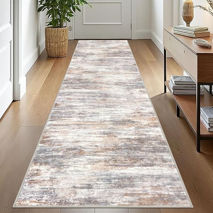 KOZYFLY Modern Abstract Washable Rug Runner 2.6x10 Hallway Rug Runner Non-Slip Soft Kitchen Runner Rugs, Multi Grey/Orange Striped Carpet for Entryway Bathroom