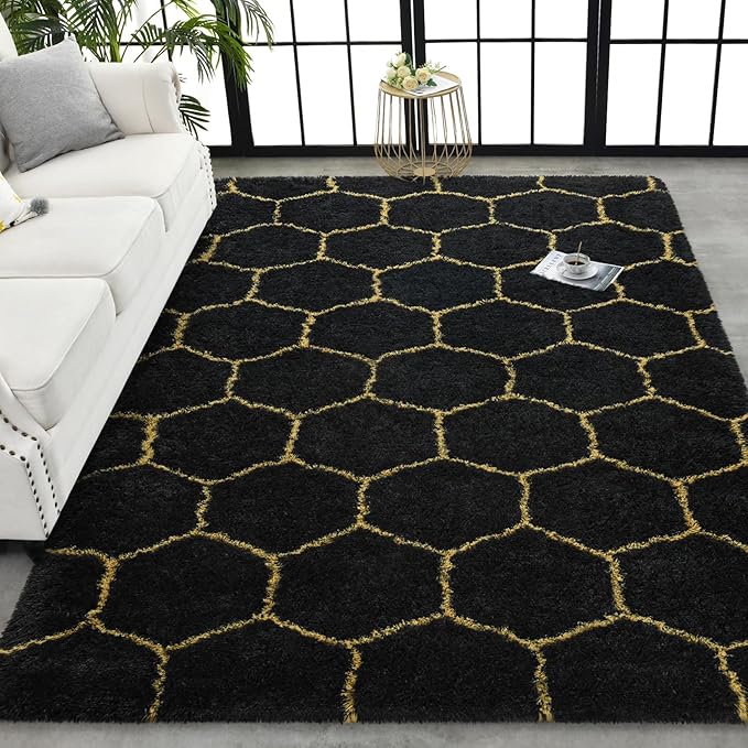 TWINNIS Super Soft Shaggy Rugs Fluffy Carpets, 4x5.9 Feet, Indoor Modern Plush Area Rugs for Living Room Bedroom Kids Room Nursery Home Decor, Upgrade Anti-Skid Rectangular Fuzzy Rug, Black Gold