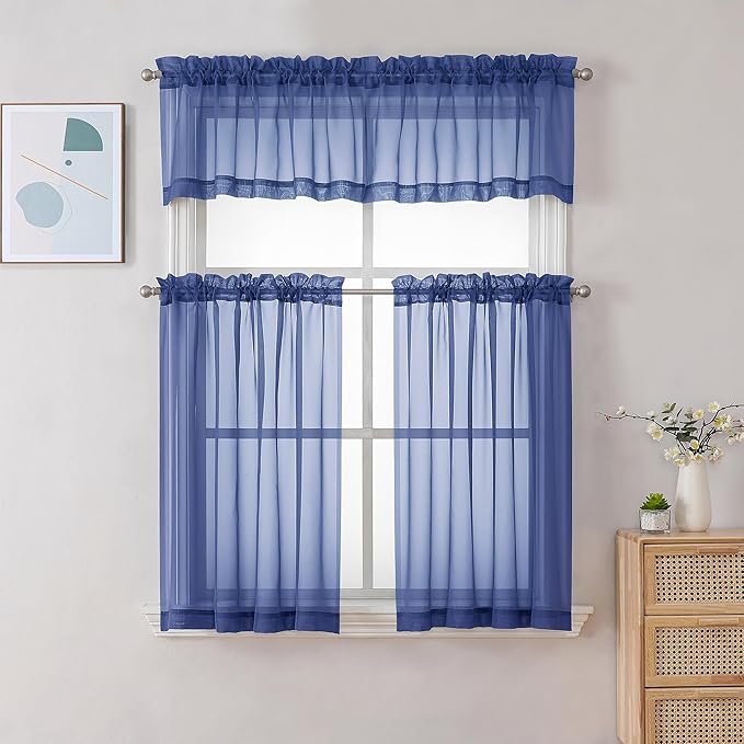 Chyhomenyc Sheer Valances for Windows 2 Pack, Small Window Curtains for Living Room Bathroom Laundry Basement, Modern Top Dual Rod Pocket Voile Curtain, 42W x 14L inches, 2PCS, Royal Blue