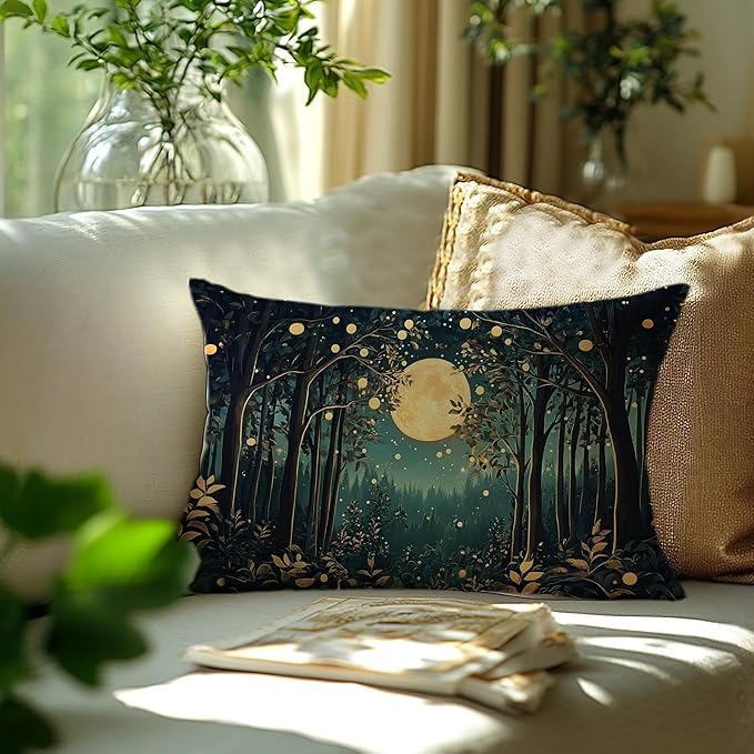 Rustic William Morris Inspired Night Moon Forest Decor Pillow Covers 18x18,Vintage Botanical Nature Landscape Decorative Throw Pillow Covers for Home Bedroom Living Room