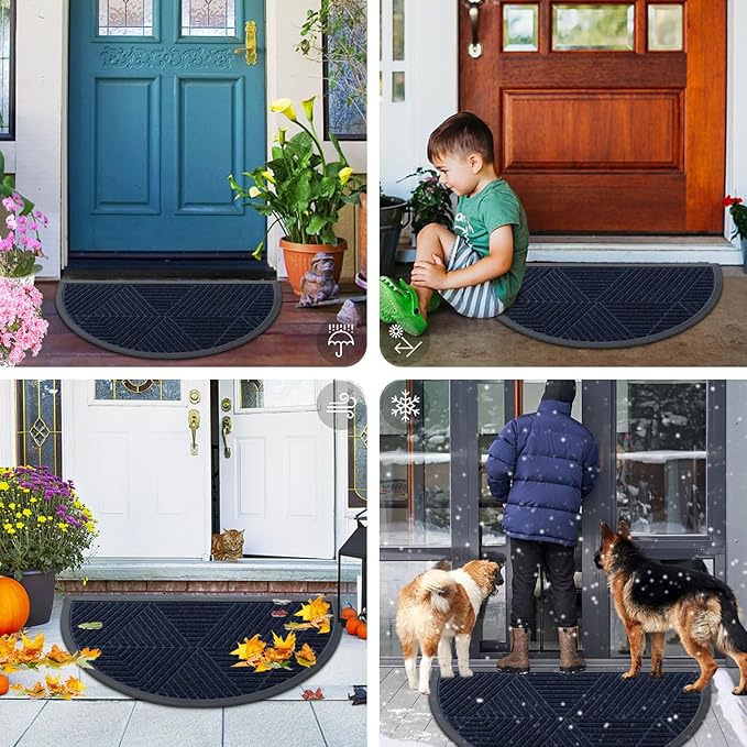 Smiry Half Circle Front Door Mat Outside Entrance, Heavy Duty Sturdy Natural Rubber Doormat, Trap Dirt and Moisture, Low Profile Mats for Indoor Outdoor Entry, Irregular Triangle (35x23, Navy Blue)