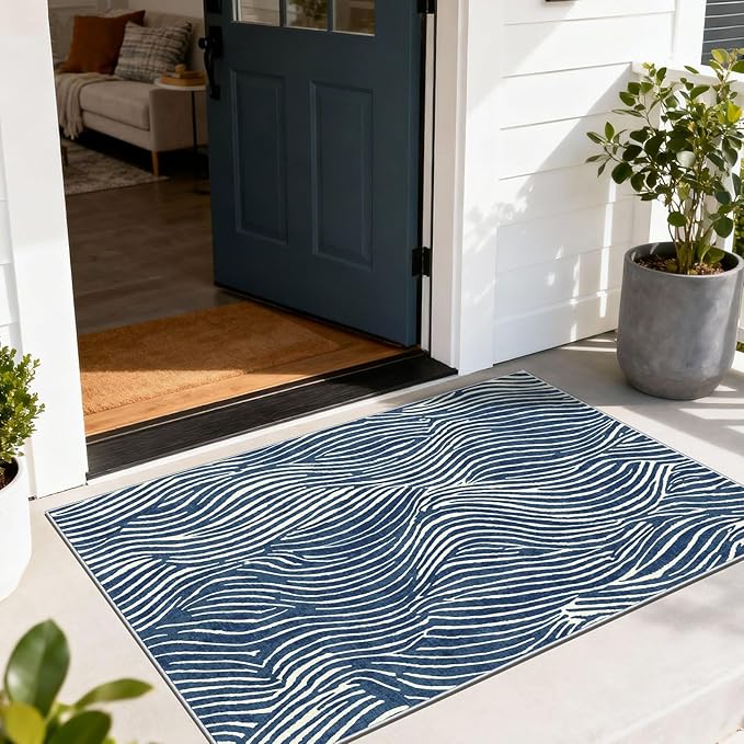 Modern Outdoor Rug - 28" x 43" Front Door Mat Indoor Outside Entrance Non-Slip Washable Outdoor Mat Navy Blue White Ocean Waves Rug for Entryway Kitchen Bedroom Layered Doormat for Front Porch