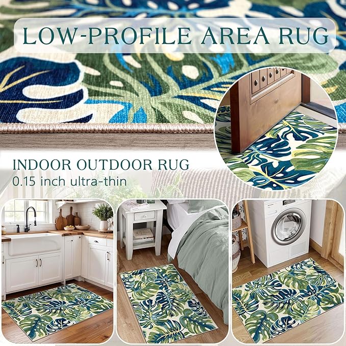 Front Door Mat Outside Entrance - 2x3 Boho Non-Slip Washable Spring Doormat Indoor Outdoor Entrance Tropical Green Blue Leaf Rug Small Throw Rugs for Entryway Bedroom Kitchen Front Porch Decor