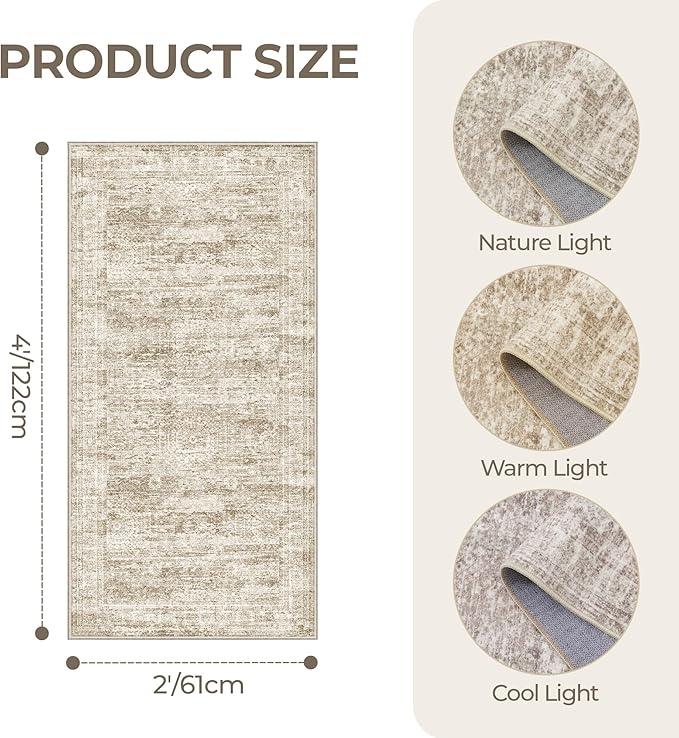 2x4 Washable Rug Runner for Bathroom, Soft Entryway Rug for Laundry Room, Kitchen, Vintage Abstract Hallway Runner for Bedroom, Anti-Slip Door Mat Indoor Entrance(2'x4', Brown/Ivory)