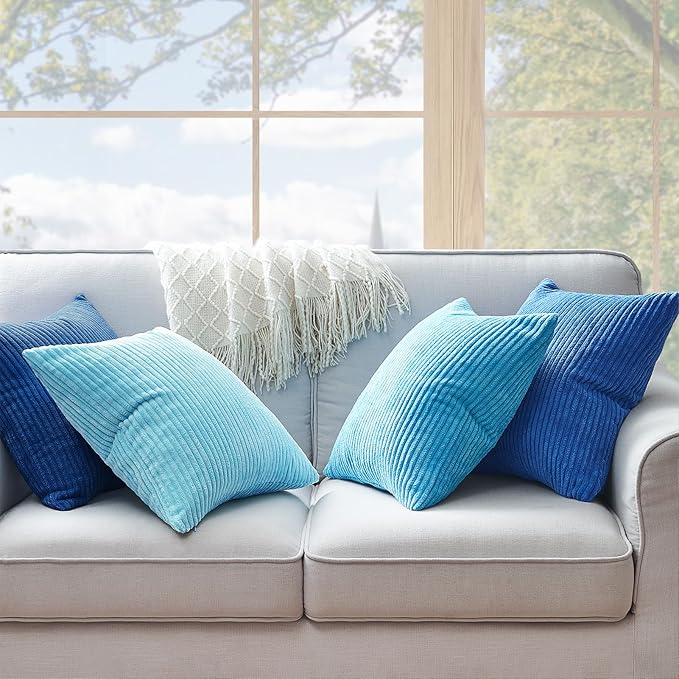 Topfinel Euro Shams Decorative Throw Pillow Covers 26x26 Inch Set of 4,Soft Accent Corduroy Striped Blue Gradient Color Large Cushion Cover for Beach,Patio,Balcony,Living Room,Summer Home Decor