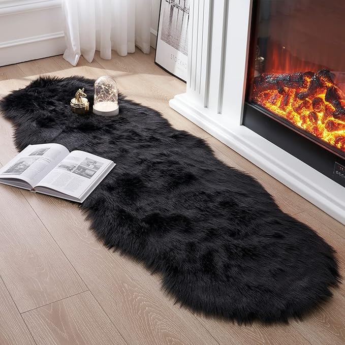Faux Fur Rug for Bedroom, Fluffy Runner Rugs Soft Sheepskin Rug Sofa Couch Seat Cushion, 2x6ft Black Plush Area Rug Shag Rugs Floor Carpets for Nursery Bedside, Cute Shaggy Fuzzy Home Decor