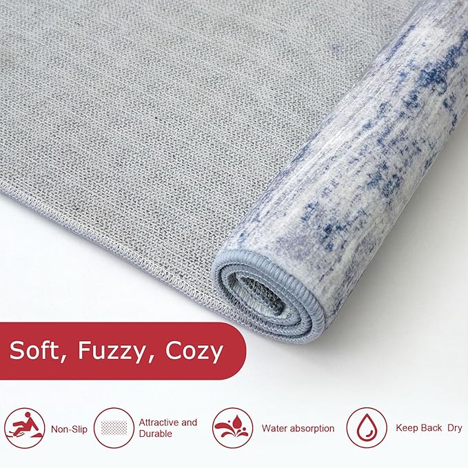 KOZYFLY Modern Abstract Circle Rug 3Ft, Washable Kitchen Round Rug Non-Slip Soft Small Bathroom Rug, Grey-Blue Striped Entryway Rugs Faux Wool Doormat for Bedside Entrance Bedroom Sink