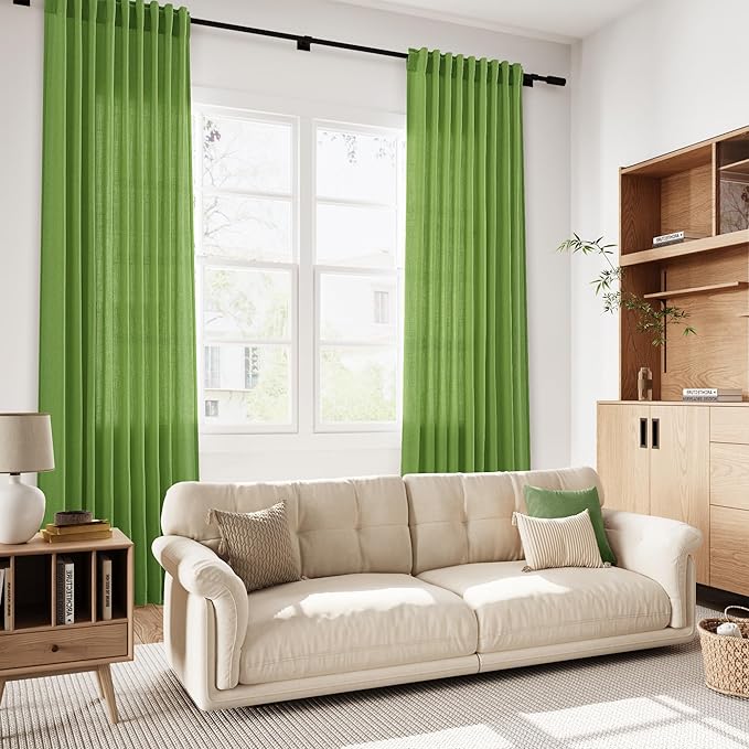 Extra Long Curtain Lime Green Morden Linen Blend Light Filtering Back Tab Curtains for Long Winodws 120 Inches Length, Semi Sheer Privacy Drapes for Living Room, 52x120 inch, 2 Panels