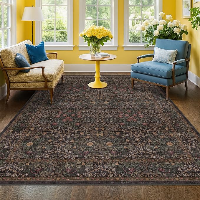 Hazo Haus Taupe Brown 5x8 Rug for Living Room - Vintage Traditional Dark Neutral Floral, Washable Foldable Non-Slip Area Rugs for Dining Under Table, Home Office, Guest Room