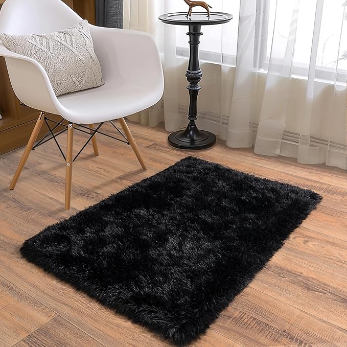 Soft Runner Rugs for Bedroom Hallways, 2x3 Black Fluffy Shag Throw Area Rug Non Slip for Bedside Dorm, Long Shaggy Furry Carpet for Nursery Living Room