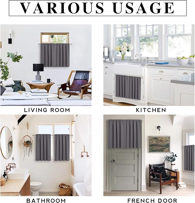 RYB HOME Blackout Cafe Curtains 30 inch Length, Short Light UV Heat Blocking Energy Saving Privacy Curtain Tiers for Basement Bathroom Kitchen Window, Width 29 by Length 30, Grey, 2 Panels