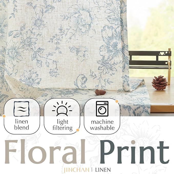 jinchan Linen Floral Curtains 96 Inch Length for Living Room Bedroom Light Filtering Farmhouse Peony Flower Drapes Rustic Window Curtain Set Rod Pocket Back Tab 2 Panels Blue