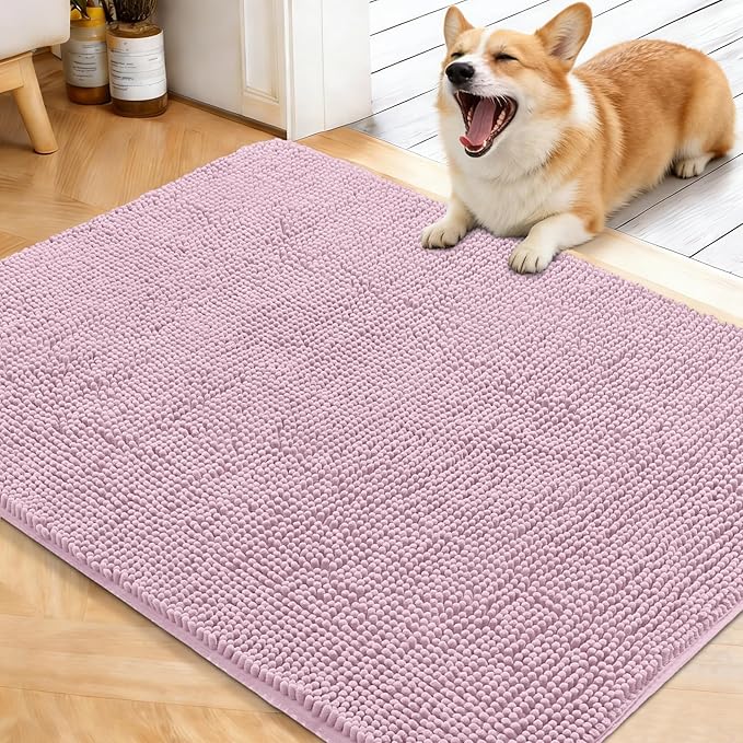 OLANLY Dog Door Mat for Muddy Paws 40x32, Absorbs Moisture and Dirt, Absorbent Non-Slip Washable Doormat, Quick Dry Chenille Mud Mat for Dogs, Entry Indoor Entryway Carpet for Inside Floor, Dusty Rose