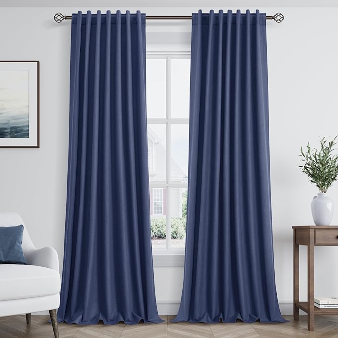 Guken 100% Blackout Curtains 108 Inch Length 2 Panels Set for Living Room Bedroom Back Tab Thermal Insulated Black Out Linen Drapes Room Darkening Window Curtains 108 Inches Long,Classic Blue